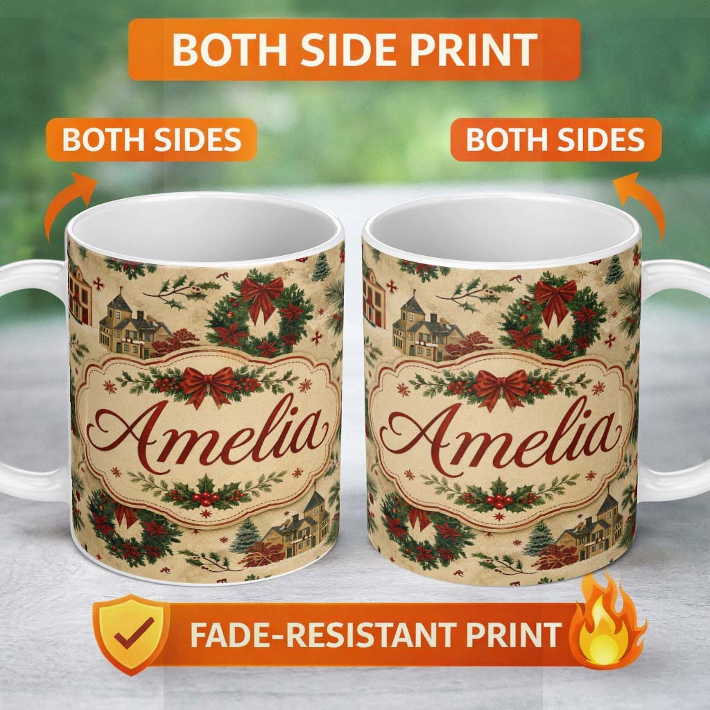 Personalized Custom Name Classic Christmas Wreaths Bows Village Houses Festive Holiday Design 11oz Ceramic Coffee Tea Mug White Large Handle