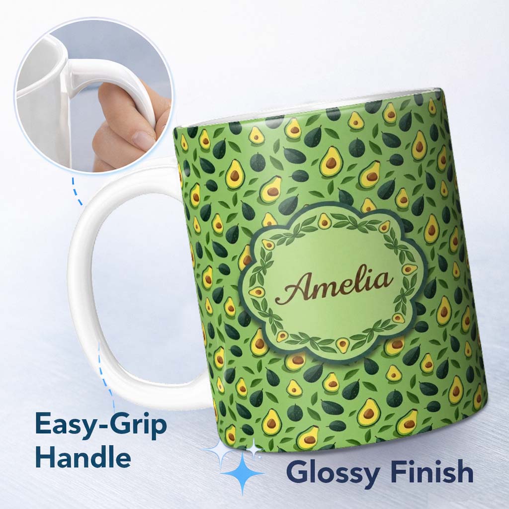 Personalized Custom Name Bright Green Avocado Minimal Pattern Charming Kitchen Decor Lovely 11oz Ceramic Coffee Tea Mug White Large Handle