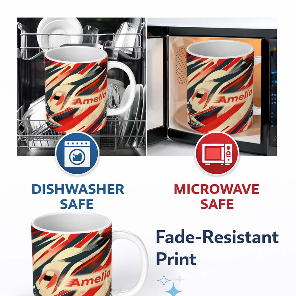 Personalized Custom Name Dynamic Bullet Train Motion Abstract with Red and Black Lines Lovely 11oz Ceramic Coffee Tea Mug White Large Handle
