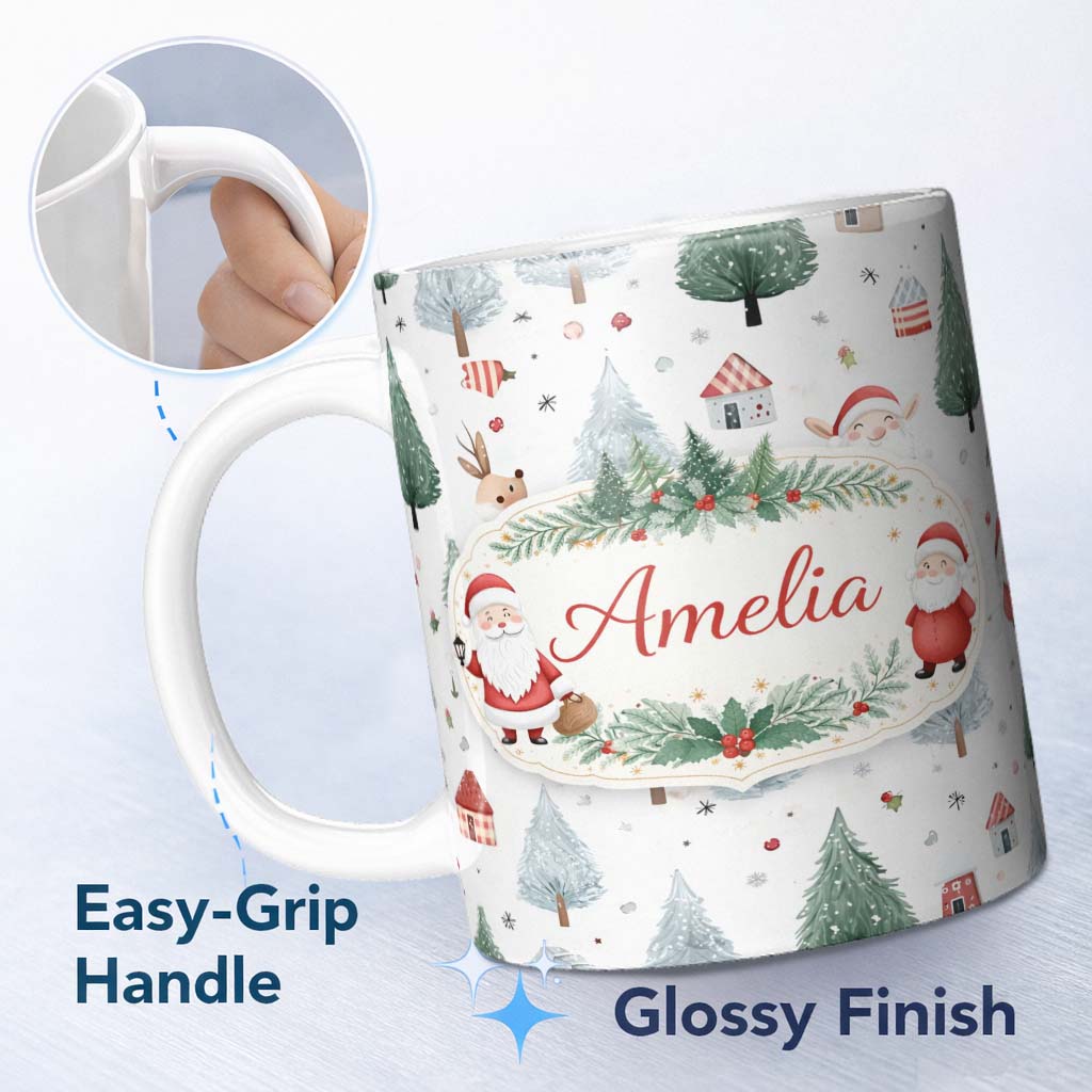 Personalized Custom Name Cute Christmas Santa Reindeer Tree Pattern Kids Festive Seamless 11oz Ceramic Coffee Tea Mug White Large Handle