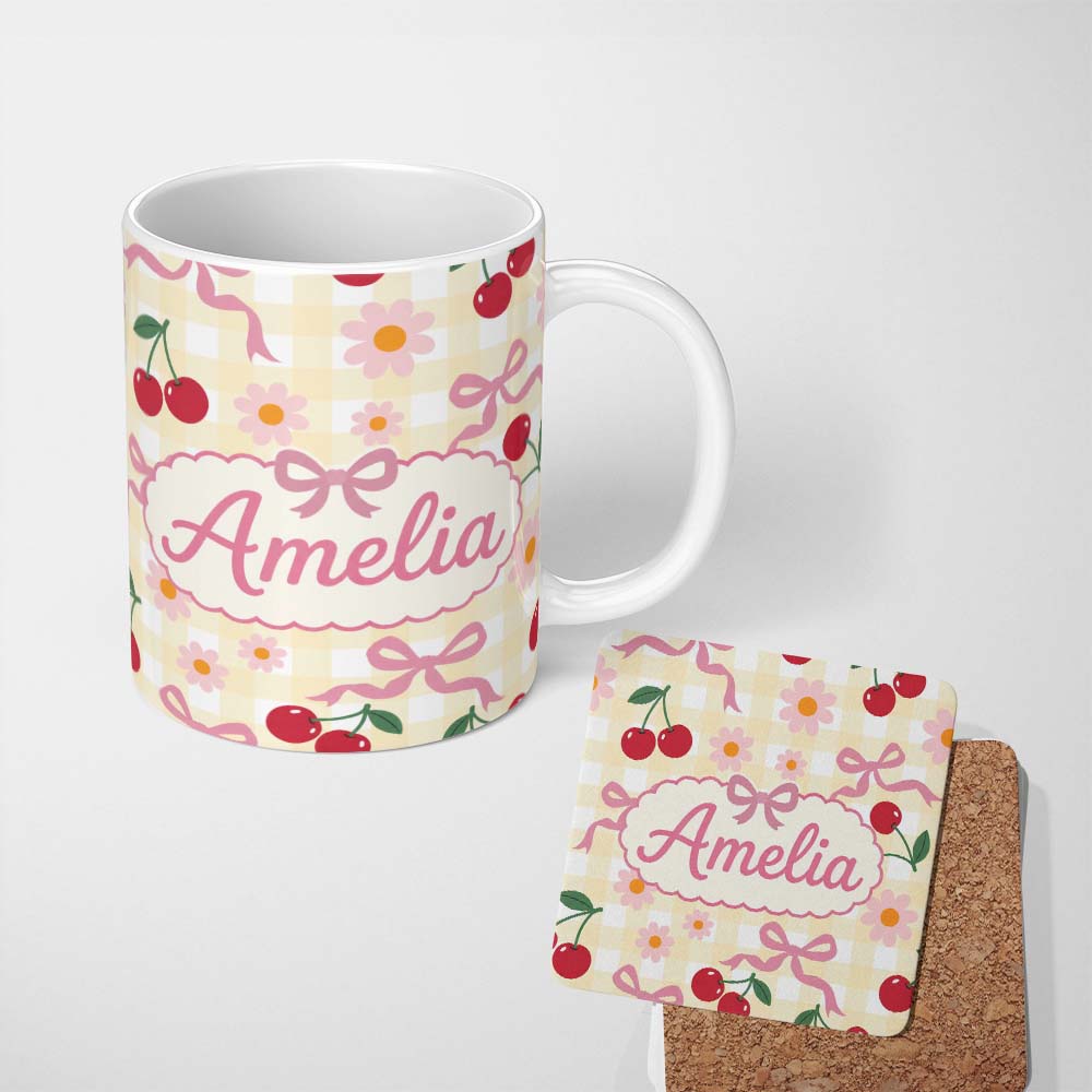 Personalized Custom Name Cute Cherry Bow and Daisy Yellow Gingham Seamless Pattern Lovely 11oz Ceramic Coffee Tea Mug White Large Handle