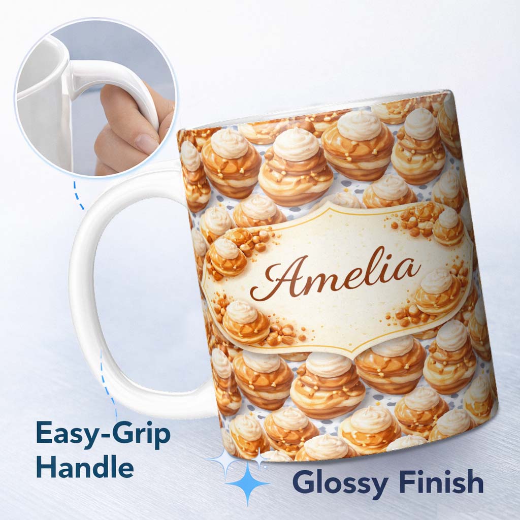 Personalized Custom Name Classic Cream Puff Dessert Repeat Seamless Pattern Cute Unique Gift 11oz Ceramic Coffee Tea Mug White Large Handle