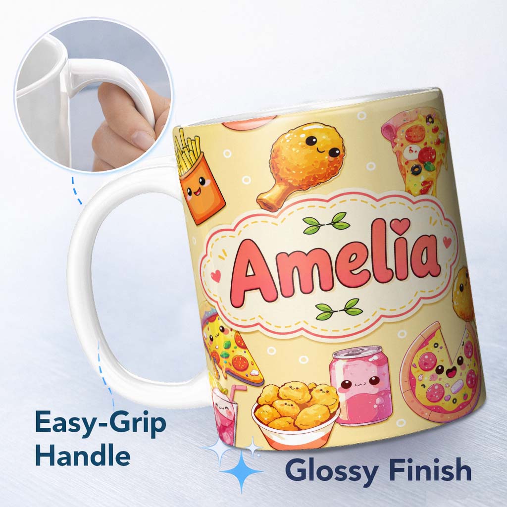Personalized Custom Name Cute Kawaii Fast Food Pizza Chicken Soda Yellow Background Seamless 11oz Ceramic Coffee Tea Mug White Large Handle