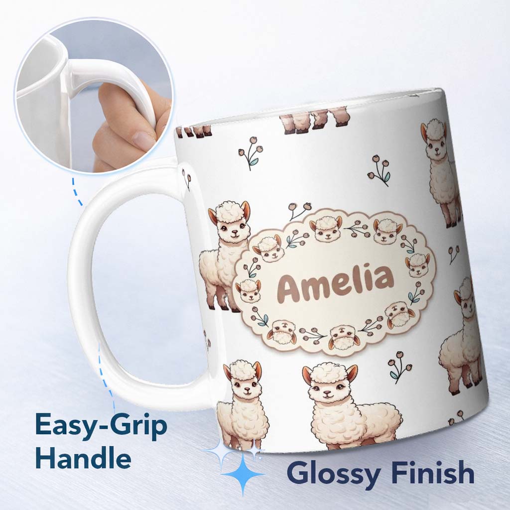 Personalized Custom Name Cute Alpaca Llama Pattern with Floral Sprigs on Grey Background 11oz Ceramic Coffee Tea Mug White Large Handle