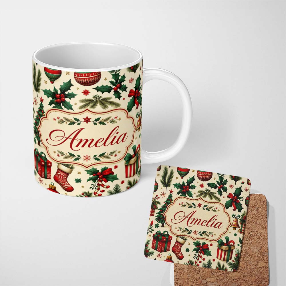 Personalized Custom Name Festive Christmas Gifts Stockings Holly Leaves Bells Seamless Lovely 11oz Ceramic Coffee Tea Mug White Large Handle