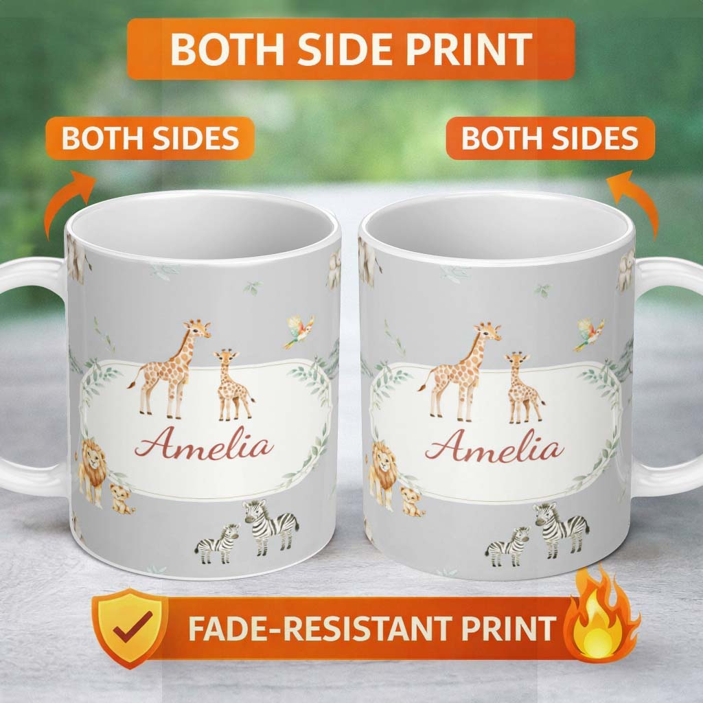 Personalized Custom Name Cute Safari Animals Giraffe Lion Zebra Parrot Seamless Pattern Grey 11oz Ceramic Coffee Tea Mug White Large Handle