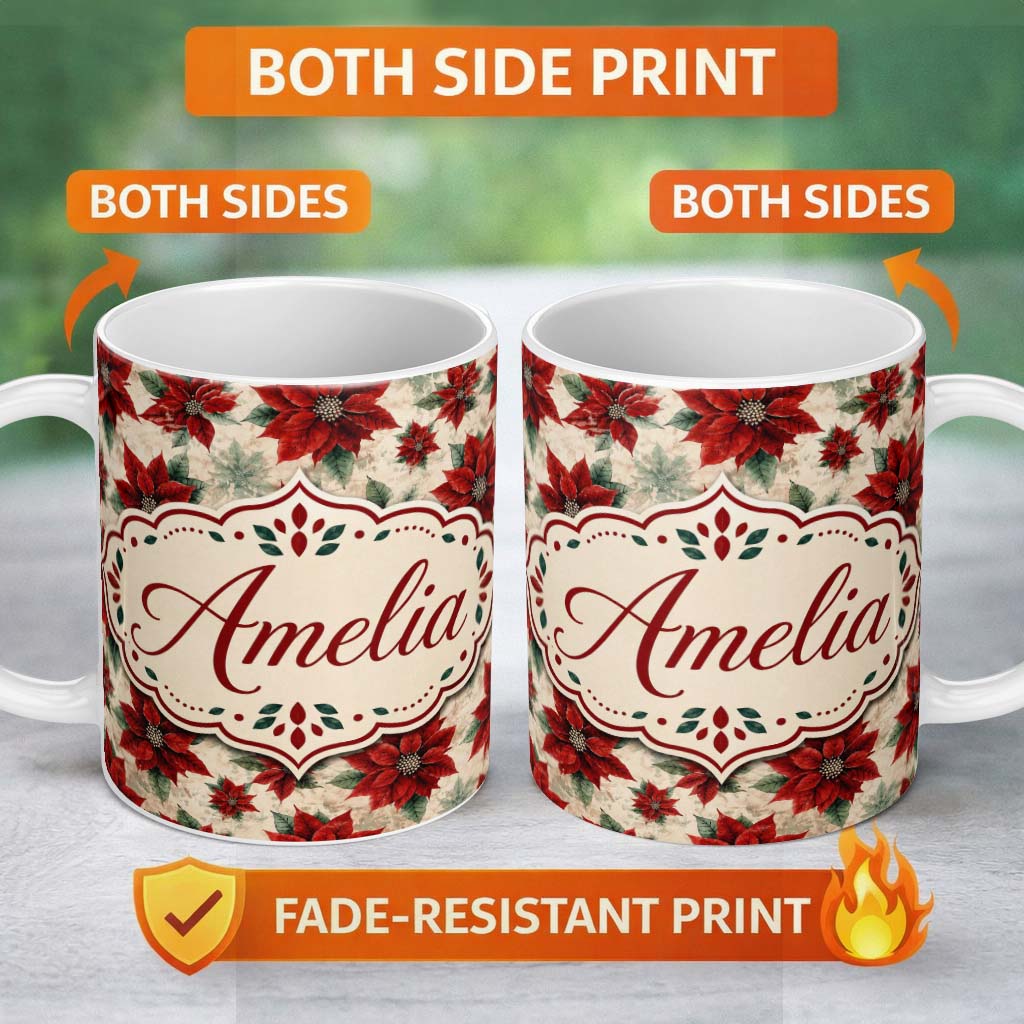 Personalized Custom Name Elegant Beige Background Poinsettia Floral Classic Seamless Pattern 11oz Ceramic Coffee Tea Mug White Large Handle
