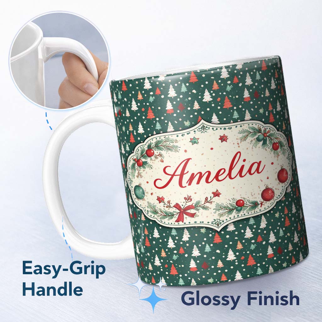 Personalized Custom Name Minimal Christmas Trees Polka Dot Green Seamless Pattern Lovely 11oz Ceramic Coffee Tea Mug White Large Handle