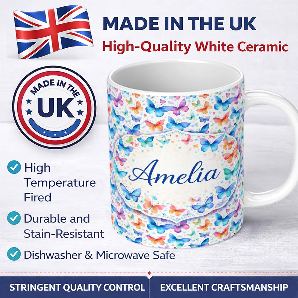 Personalized Custom Name Vibrant Blue and Multicolor Butterflies on Light Background Seamless 11oz Ceramic Coffee Tea Mug White Large Handle
