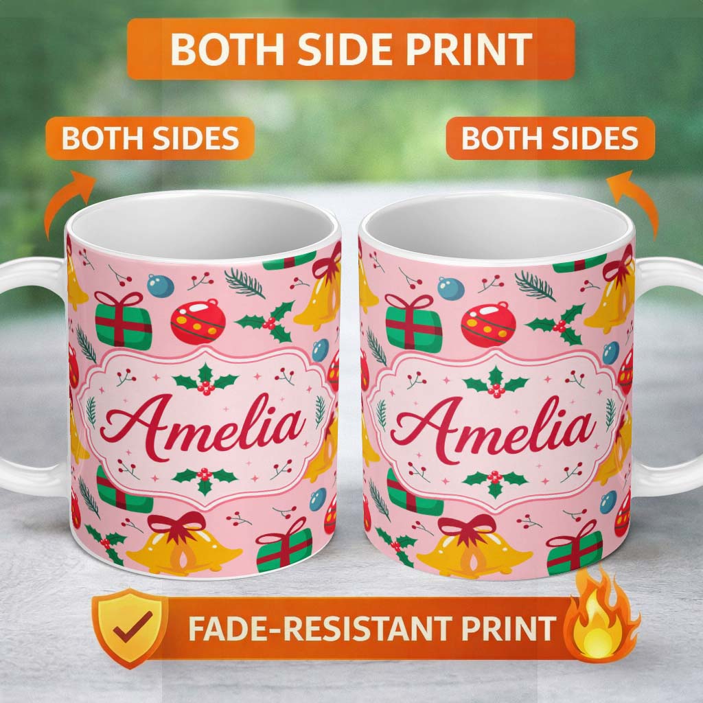 Personalized Custom Name Christmas Bells Gift Baubles Holly Berry Seamless Pattern Lovely 11oz Ceramic Coffee Tea Mug White Large Handle