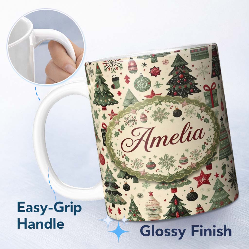 Personalized Custom Name Elegant Christmas Tree Star Snowflake Gift Festive Seamless Pattern 11oz Ceramic Coffee Tea Mug White Large Handle