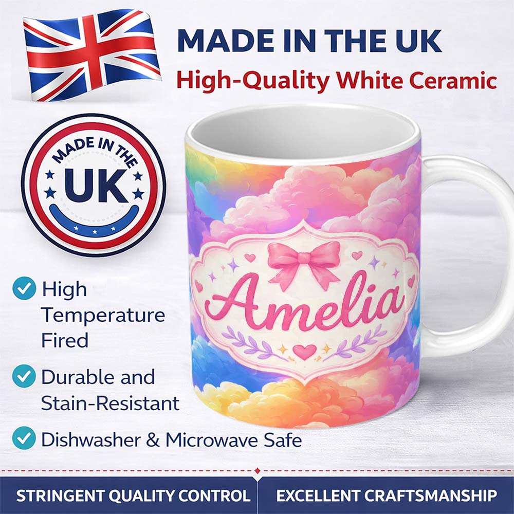 Personalized Custom Name Pastel Rainbow Cloud Sky Dreamy Seamless Pattern Cute Unique Gift 11oz Ceramic Coffee Tea Mug White Large Handle