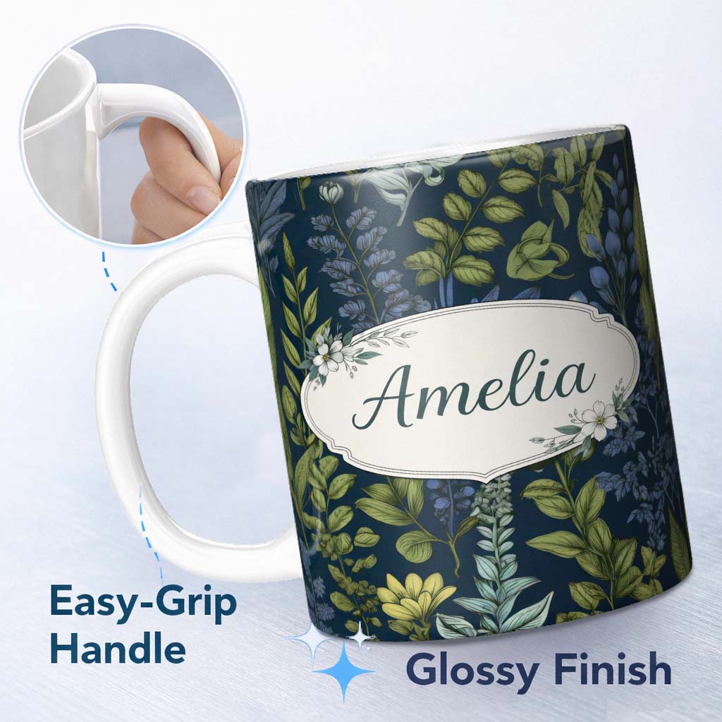 Personalized Custom Name Elegant Botanical Leaves Blue Green Floral Seamless Pattern Lovely 11oz Ceramic Coffee Tea Mug White Large Handle