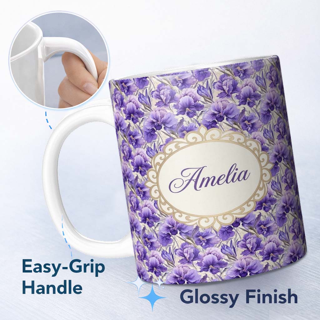 Personalized Custom Name Purple Iris Flower Garden Seamless Pattern Charming Kitchen Decor 11oz Ceramic Coffee Tea Mug White Large Handle