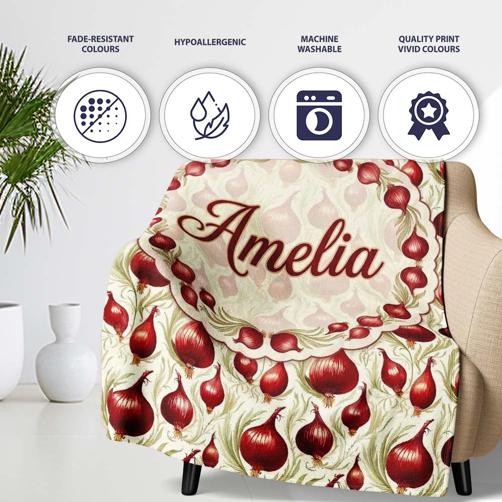 Red Onion Botanical Seamless Pattern Vintage Farmhouse Style Design Personalised Custom Name Super Soft Fleece Blanket Bed Sofa Throw