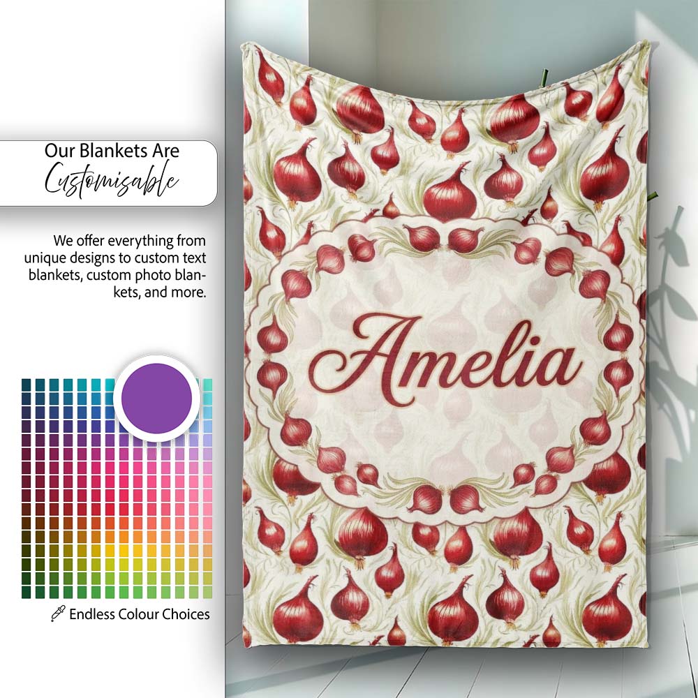 Red Onion Botanical Seamless Pattern Vintage Farmhouse Style Design Personalised Custom Name Super Soft Fleece Blanket Bed Sofa Throw