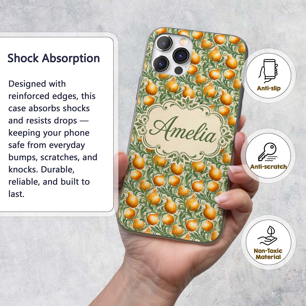 Ornate Golden Onion Vine Pattern Printed Design Custom Name Protective Phone Case Mobile Cover Durable Everyday Smartphone Shock Resistant