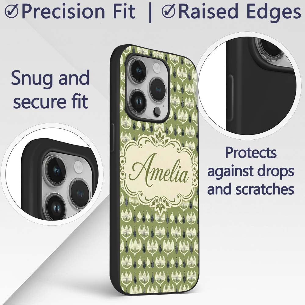 Olive Green Abstract Onion Floral Pattern Mid Custom Name Protective Phone Case Mobile Cover Durable Everyday Smartphone Shock Resistant