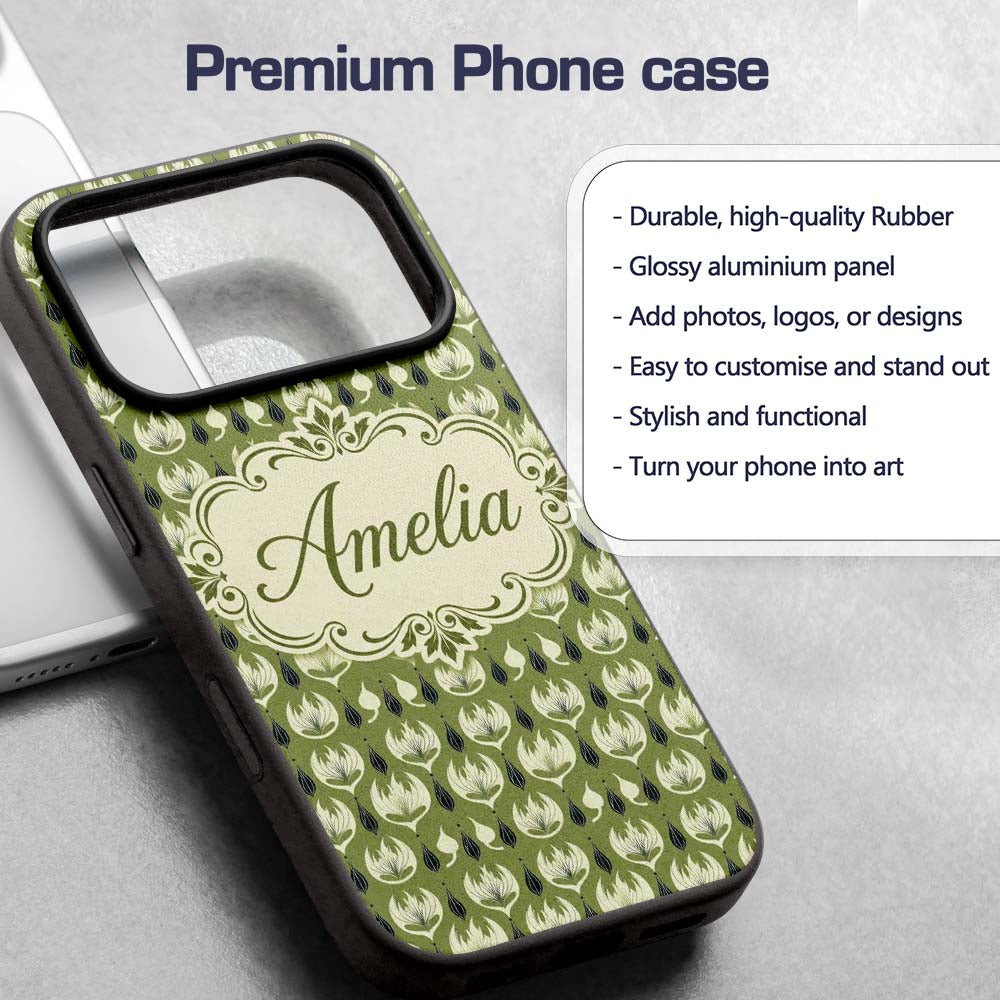 Olive Green Abstract Onion Floral Pattern Mid Custom Name Protective Phone Case Mobile Cover Durable Everyday Smartphone Shock Resistant