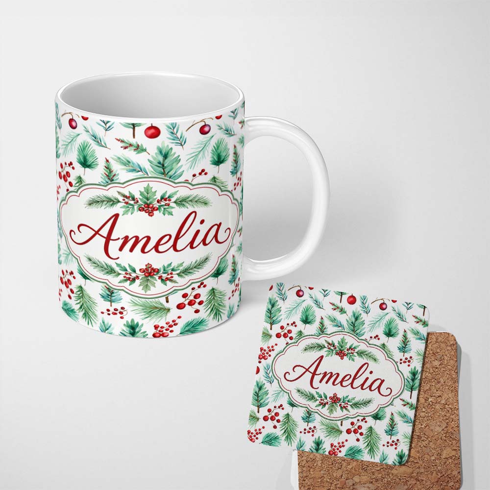 Personalized Custom Name Watercolor Pine Branches Red Berries Christmas Foliage Seamless 11oz Ceramic Coffee Tea Mug White Large Handle