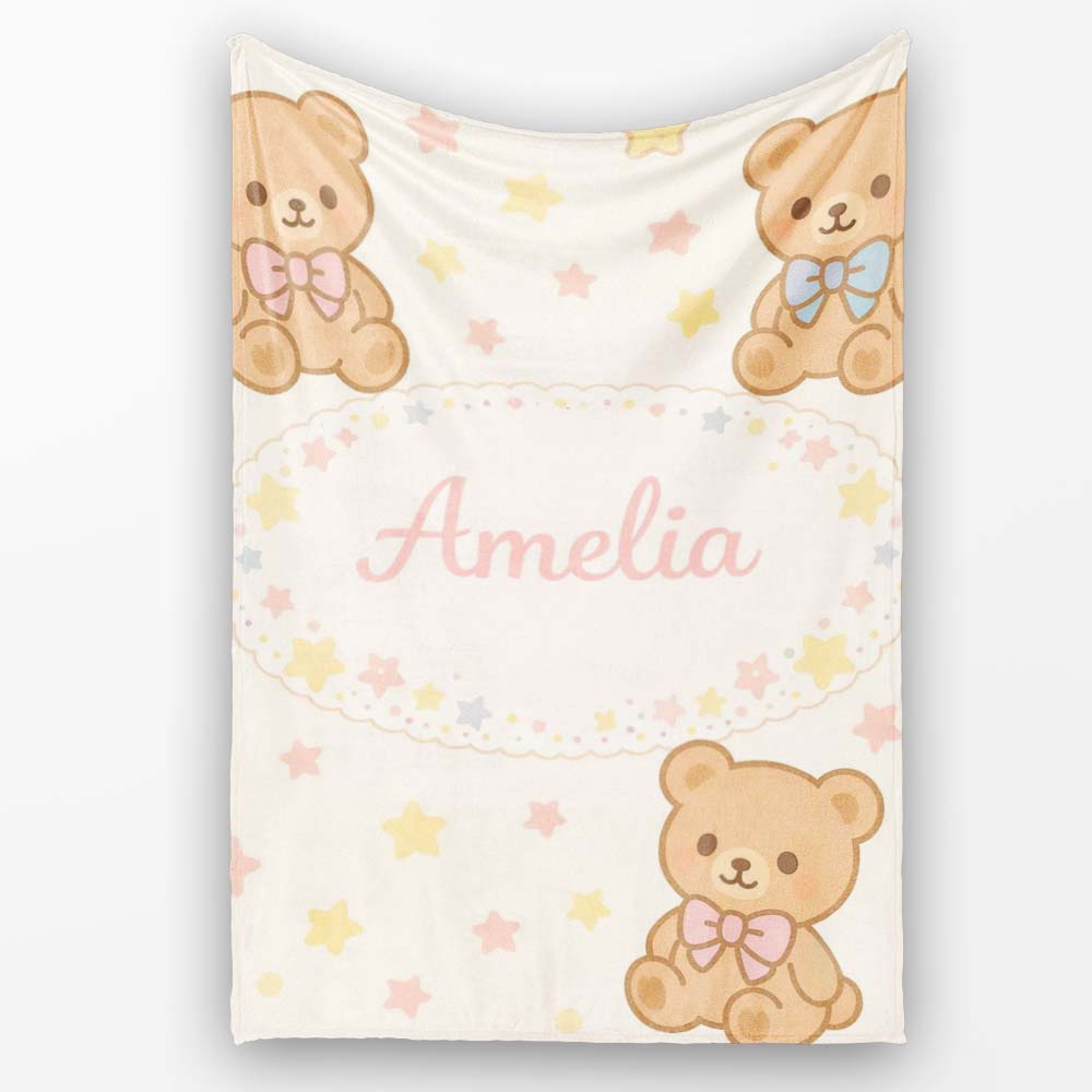 Cute Teddy Bear Bow Cartoon Animal Pattern Beautiful Coffee Cup Personalised Custom Name Super Soft Fleece Blanket Bed Sofa Throw
