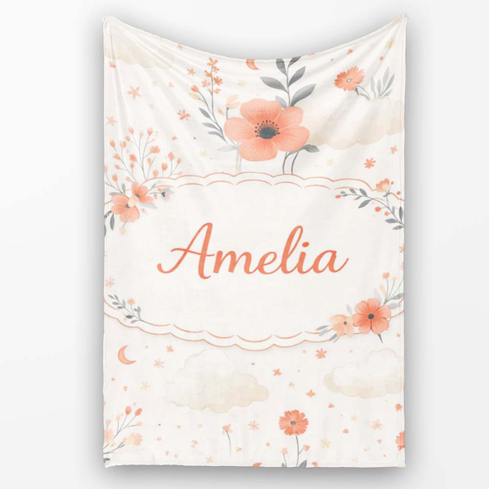 Watercolour Floral Cloud Pattern Soft Peach Tones Cute Unique Gift Personalised Custom Name Super Soft Fleece Blanket Bed Sofa Throw