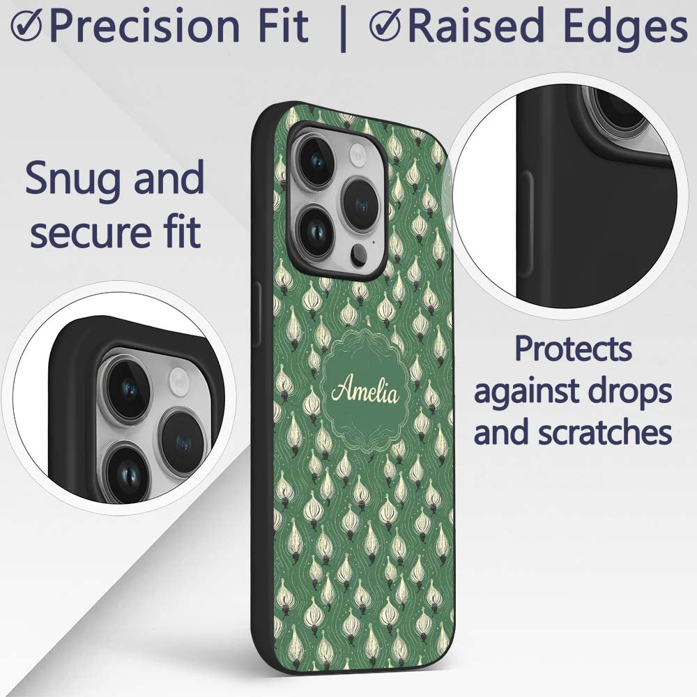 Dark Green Onion Seamless Pattern Elegant Minimal Custom Name Protective Phone Case Mobile Cover Durable Everyday Smartphone Shock Resistant