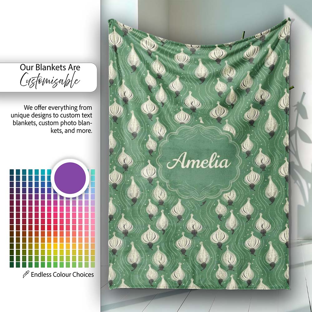 Dark Green Onion Seamless Pattern Elegant Minimal Botanical Design Personalised Custom Name Super Soft Fleece Blanket Bed Sofa Throw