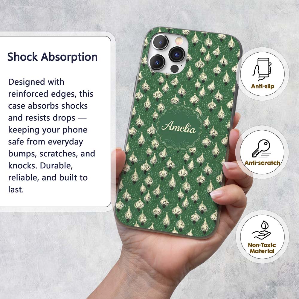 Dark Green Onion Seamless Pattern Elegant Minimal Custom Name Protective Phone Case Mobile Cover Durable Everyday Smartphone Shock Resistant