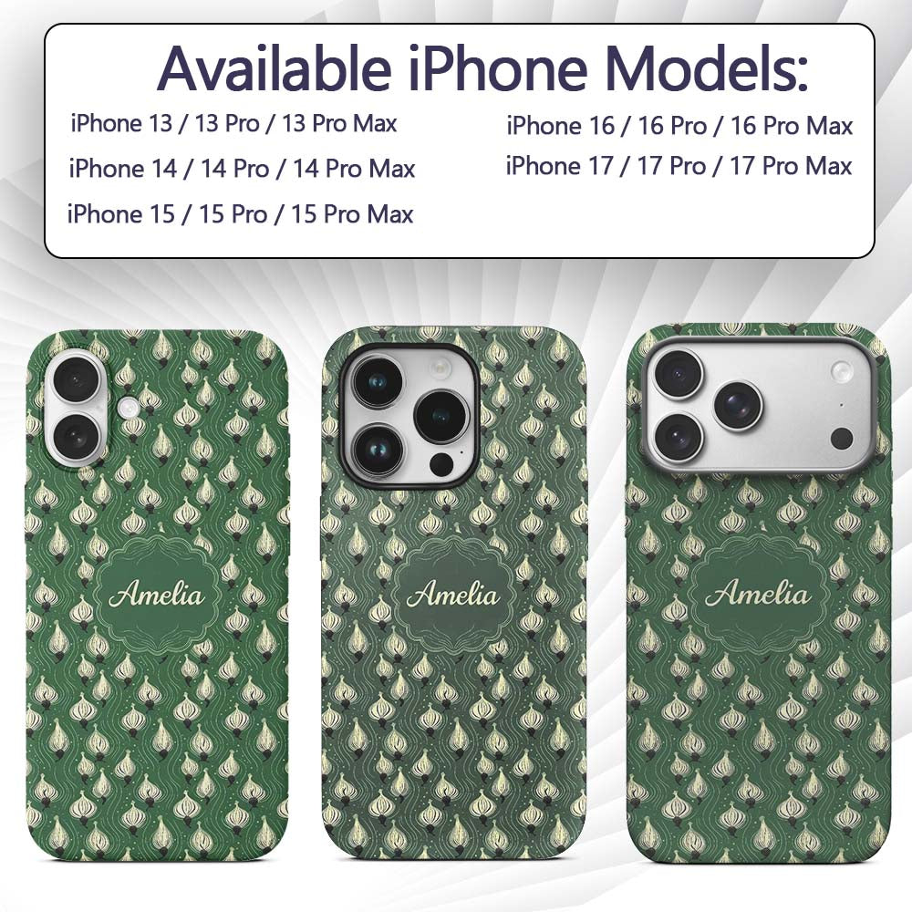 Dark Green Onion Seamless Pattern Elegant Minimal Custom Name Protective Phone Case Mobile Cover Durable Everyday Smartphone Shock Resistant