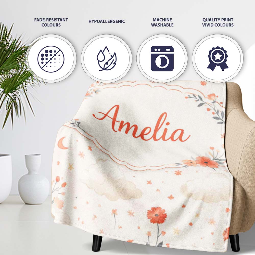 Watercolour Floral Cloud Pattern Soft Peach Tones Cute Unique Gift Personalised Custom Name Super Soft Fleece Blanket Bed Sofa Throw