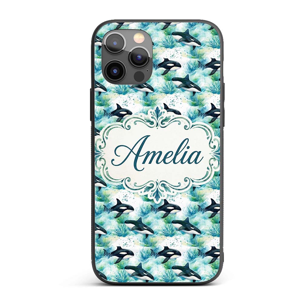 Orca Whale Forest Coastal Seamless Pattern Nature Custom Name Protective Phone Case Mobile Cover Durable Everyday Smartphone Shock Resistant