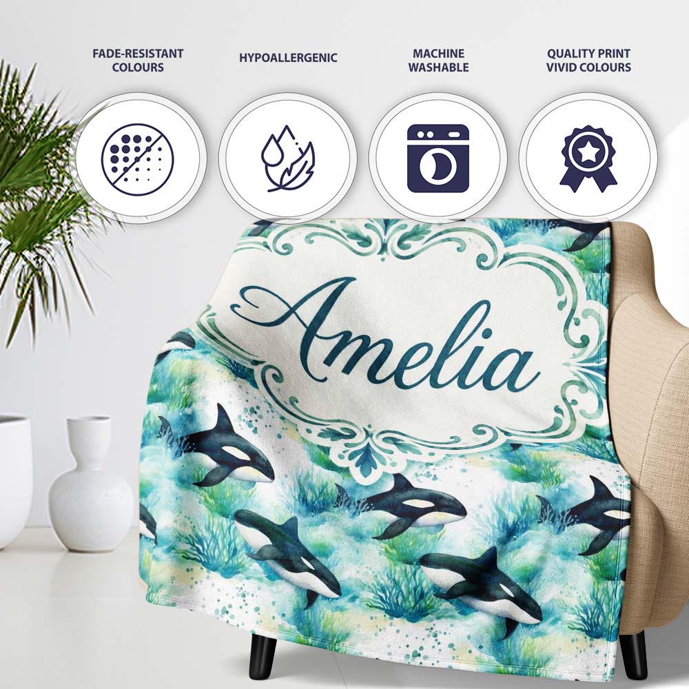 Orca Whale Forest Coastal Seamless Pattern Nature Ocean Fusion Personalised Custom Name Super Soft Fleece Blanket Bed Sofa Throw