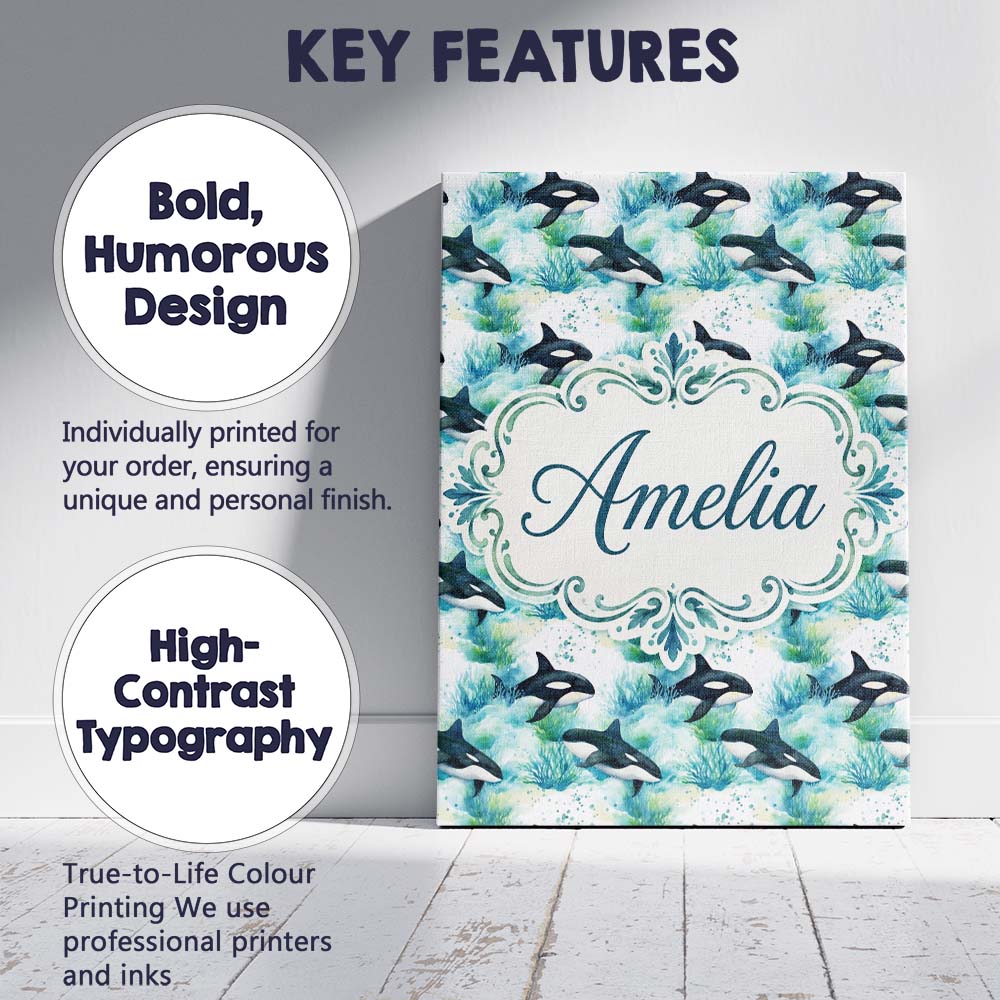 Personalised Name Orca Whale Forest Coastal Custom Bespoke Interior Contemporary Canvas Wall Art Print Decor Picture Ready to Hang