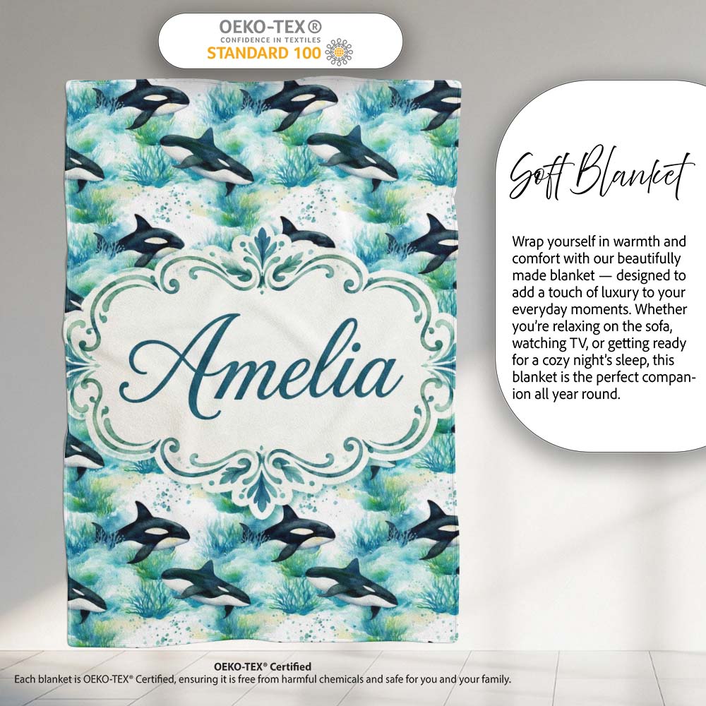 Orca Whale Forest Coastal Seamless Pattern Nature Ocean Fusion Personalised Custom Name Super Soft Fleece Blanket Bed Sofa Throw