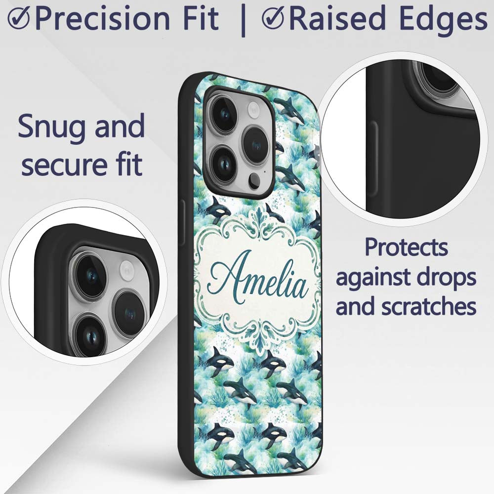 Orca Whale Forest Coastal Seamless Pattern Nature Custom Name Protective Phone Case Mobile Cover Durable Everyday Smartphone Shock Resistant