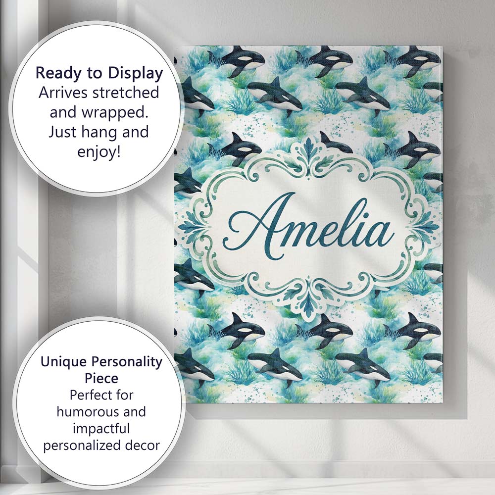 Personalised Name Orca Whale Forest Coastal Custom Bespoke Interior Contemporary Canvas Wall Art Print Decor Picture Ready to Hang