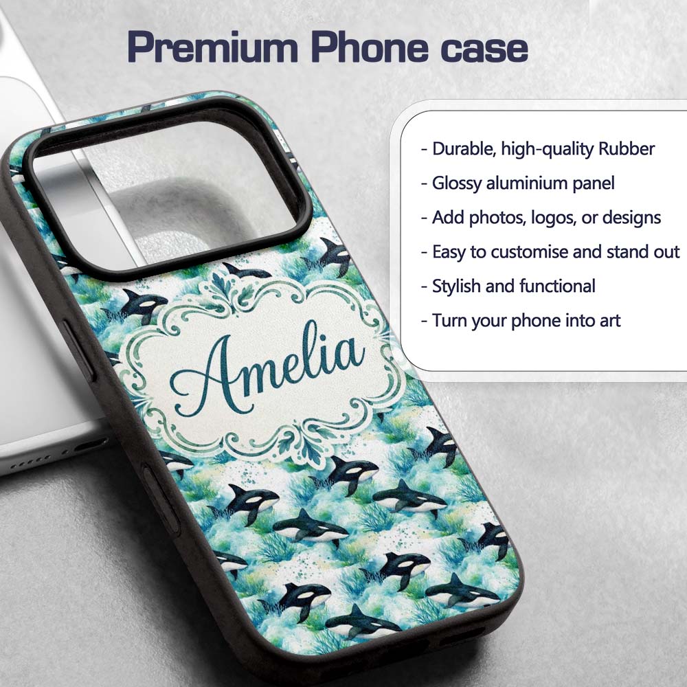 Orca Whale Forest Coastal Seamless Pattern Nature Custom Name Protective Phone Case Mobile Cover Durable Everyday Smartphone Shock Resistant