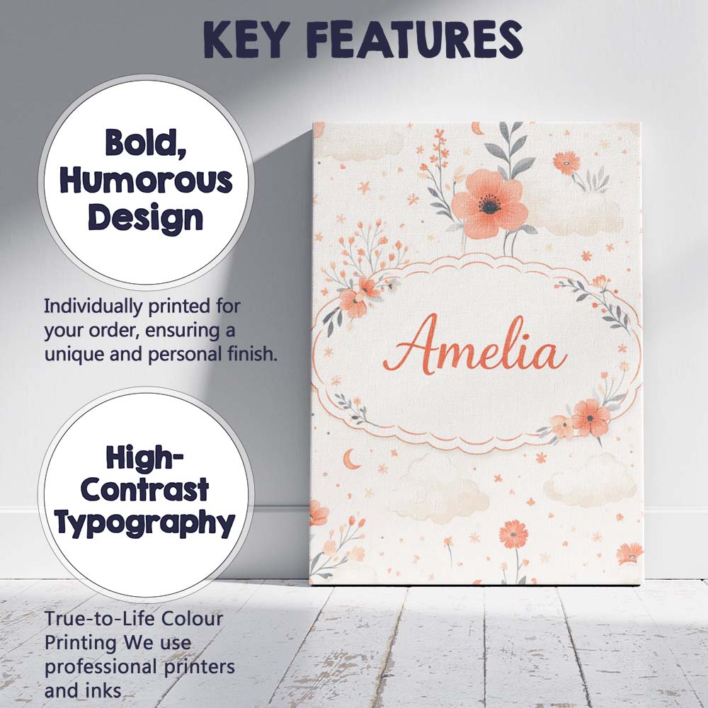 Personalised Name Watercolour Floral Cloud Pattern Soft Peach Tones Custom Canvas Wall Art Print Decor Picture Ready to Hang