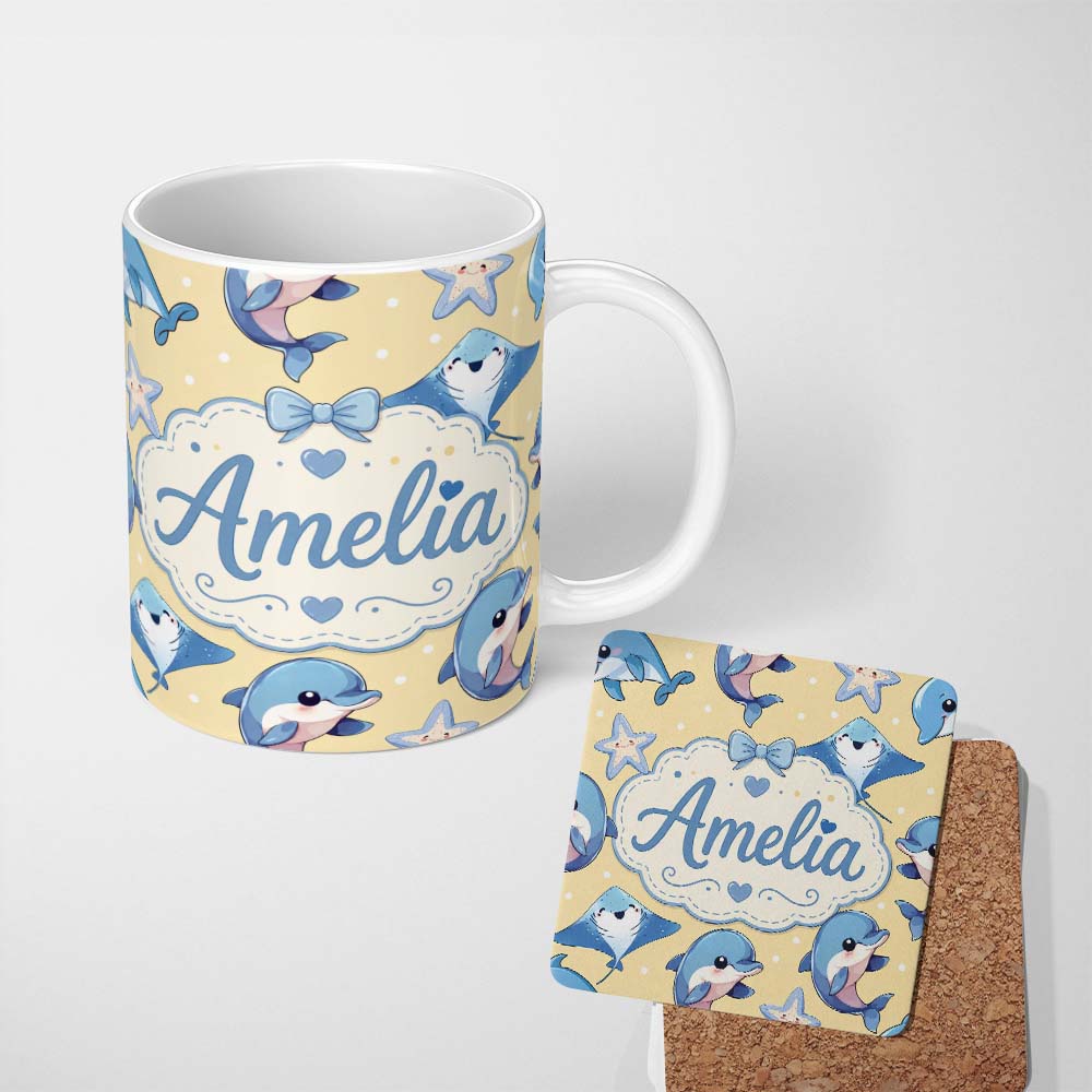 Personalized Custom Name Cute Dolphins Stingrays and Starfish Ocean Animals Seamless Pattern 11oz Ceramic Coffee Tea Mug White Large Handle