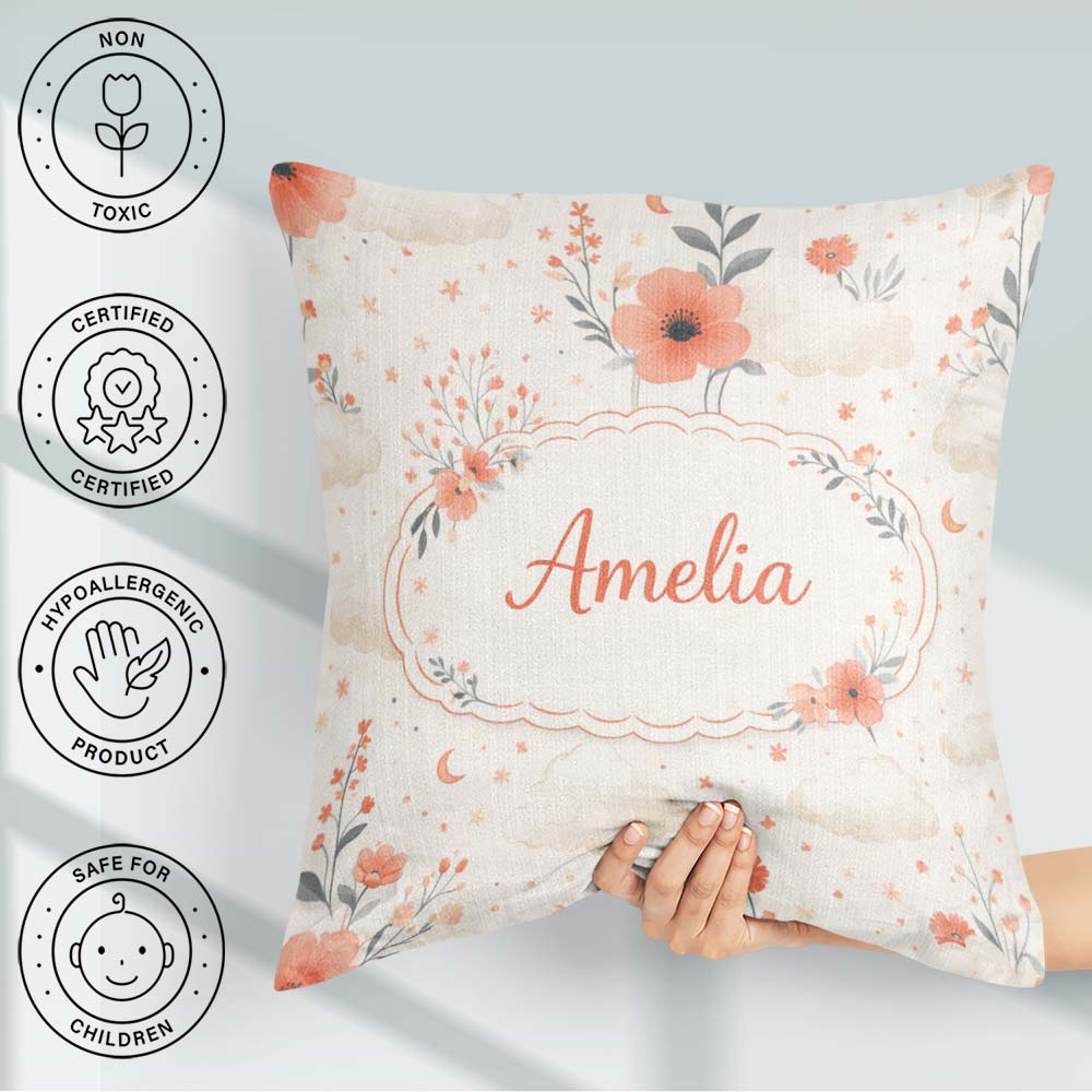 Custom Name Watercolour Floral Cloud Pattern Soft Peach Tones Square Filled Cushion Throw Pillow Sofa Bed Home Decor Zip Washable UK Made