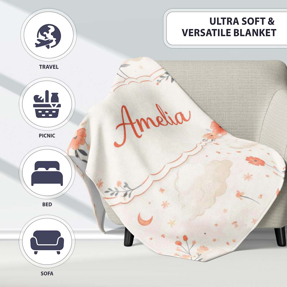 Watercolour Floral Cloud Pattern Soft Peach Tones Cute Unique Gift Personalised Custom Name Super Soft Fleece Blanket Bed Sofa Throw