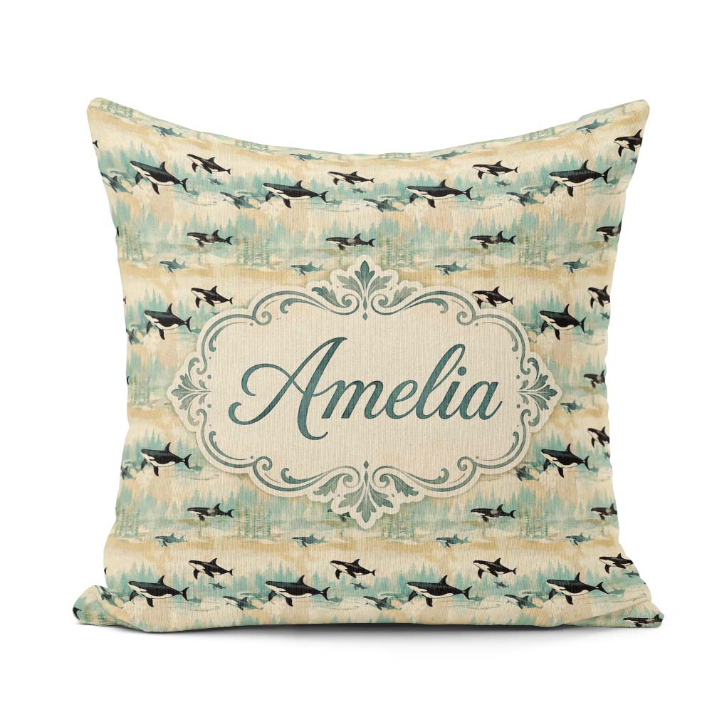 Custom Name Orca Whale River and Woodland Seamless Scenic Nature Square Filled Cushion Throw Pillow Sofa Bed Home Decor Zip Washable UK Made