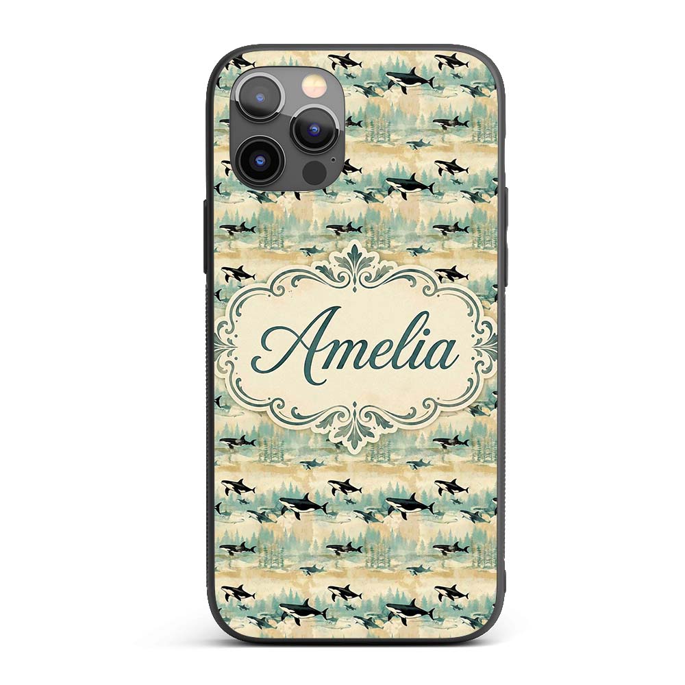 Orca Whale River and Woodland Seamless Pattern Custom Name Protective Phone Case Mobile Cover Durable Everyday Smartphone Shock Resistant