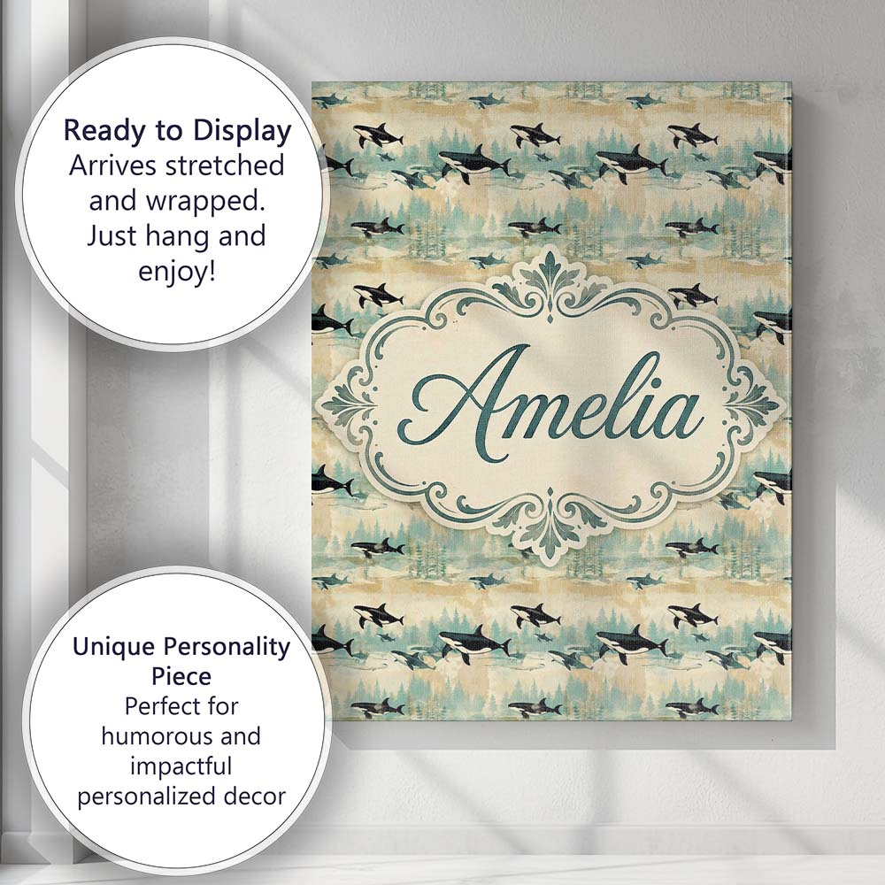 Personalised Name Orca Whale River and Custom Modern Room Accent Elegant Feature Canvas Wall Art Print Decor Picture Ready to Hang