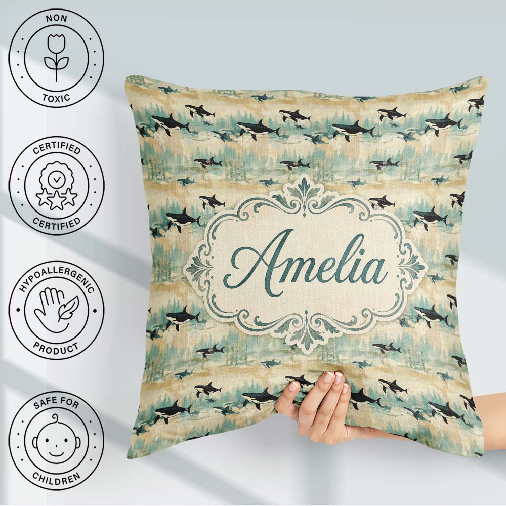 Custom Name Orca Whale River and Woodland Seamless Scenic Nature Square Filled Cushion Throw Pillow Sofa Bed Home Decor Zip Washable UK Made