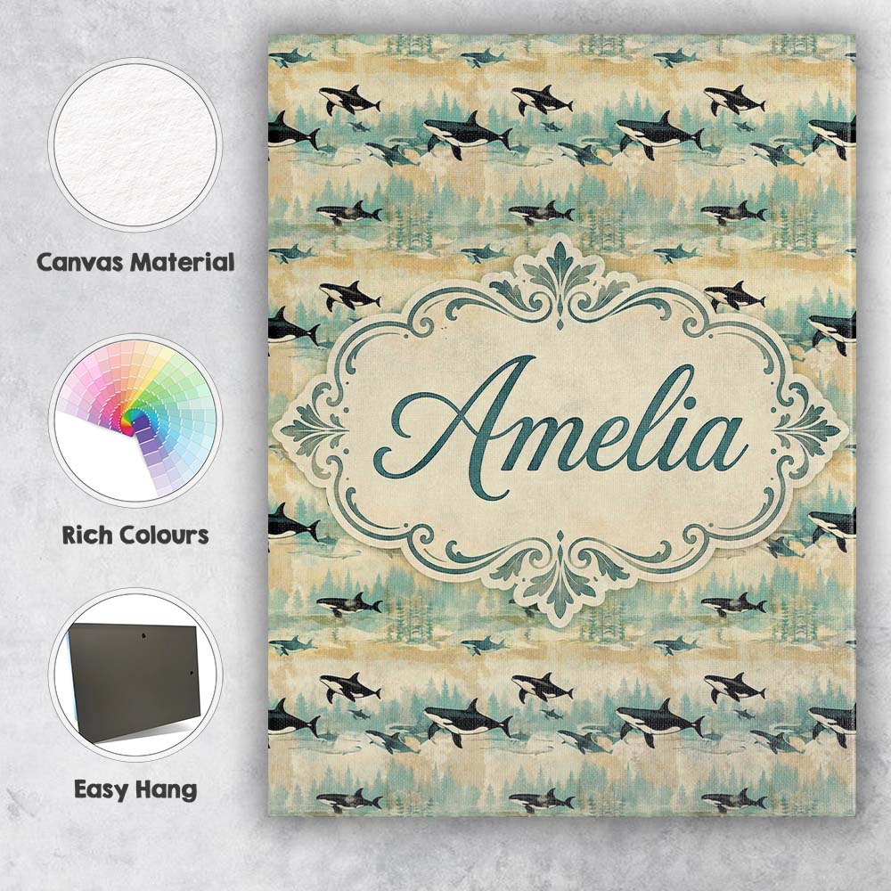 Personalised Name Orca Whale River and Custom Modern Room Accent Elegant Feature Canvas Wall Art Print Decor Picture Ready to Hang