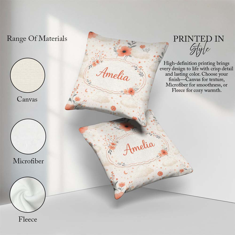 Custom Name Watercolour Floral Cloud Pattern Soft Peach Tones Square Filled Cushion Throw Pillow Sofa Bed Home Decor Zip Washable UK Made