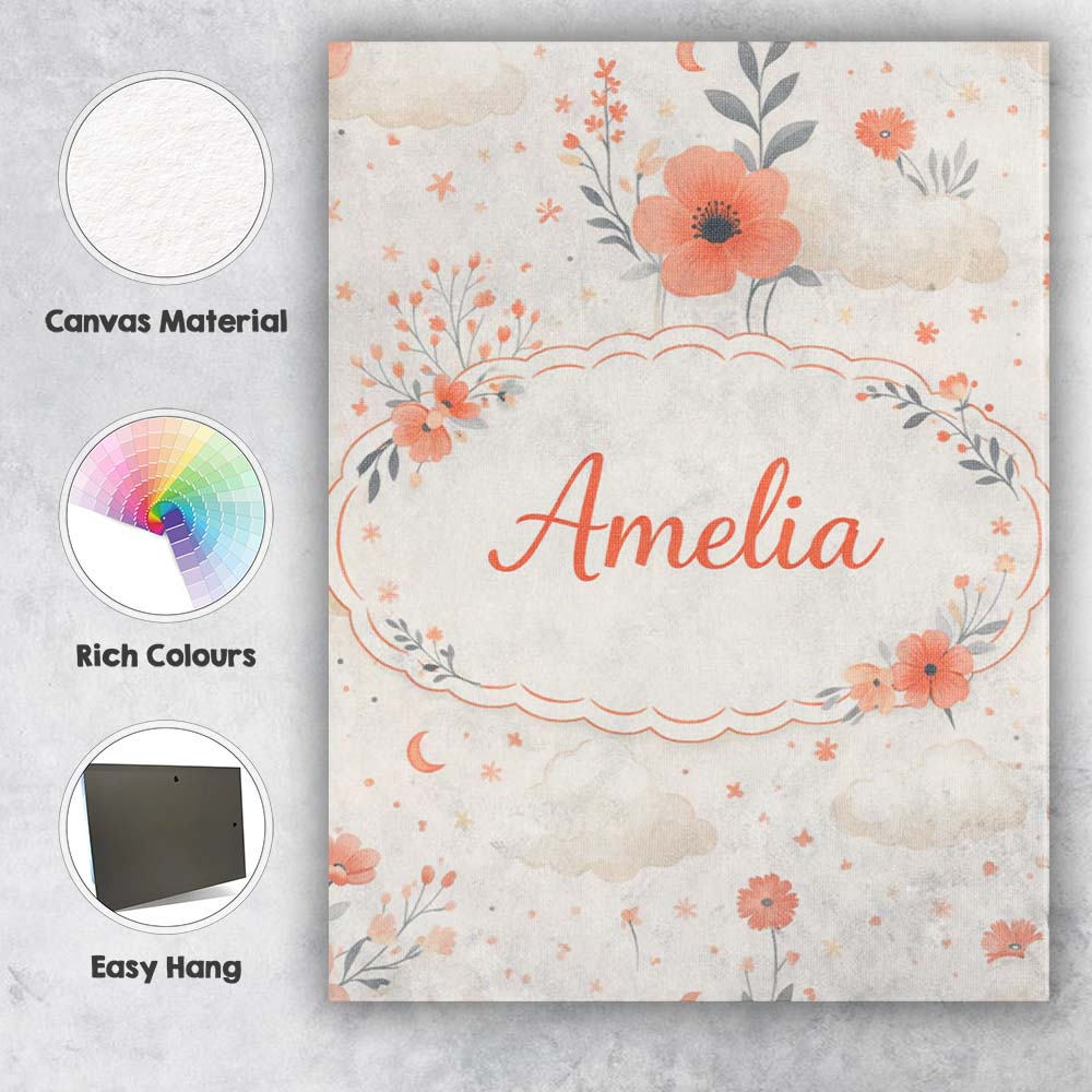 Personalised Name Watercolour Floral Cloud Pattern Soft Peach Tones Custom Canvas Wall Art Print Decor Picture Ready to Hang