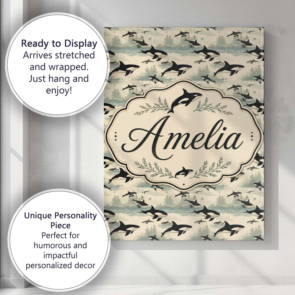 Personalised Name Stylised Orca Whale Custom Modern Room Accent Creative Decorator Style Canvas Wall Art Print Decor Picture Ready to Hang